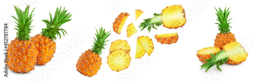 pineapple half and slices isolated on white background with full depth of field, Set or collection
