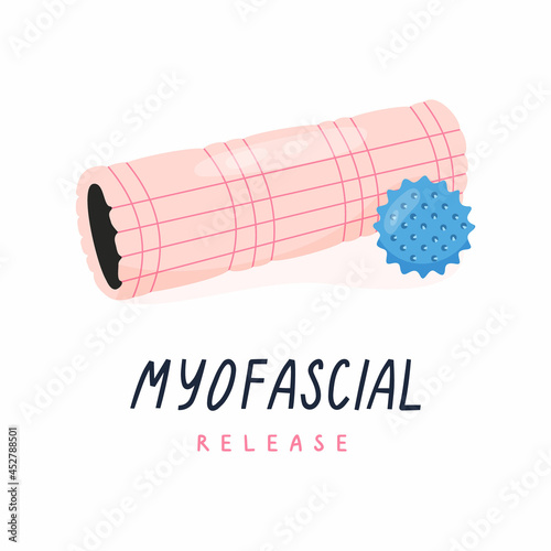 Foam roller and trigger point ball for myofascial release, yoga, pilates. Equipment for alternative medicine and physiotherapy. Vector illustration.