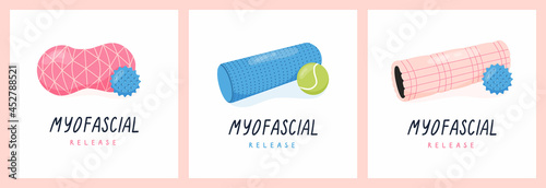 Foam roller and trigger point ball for myofascial release, yoga, pilates. Equipment for alternative medicine and physiotherapy. Vector illustration.