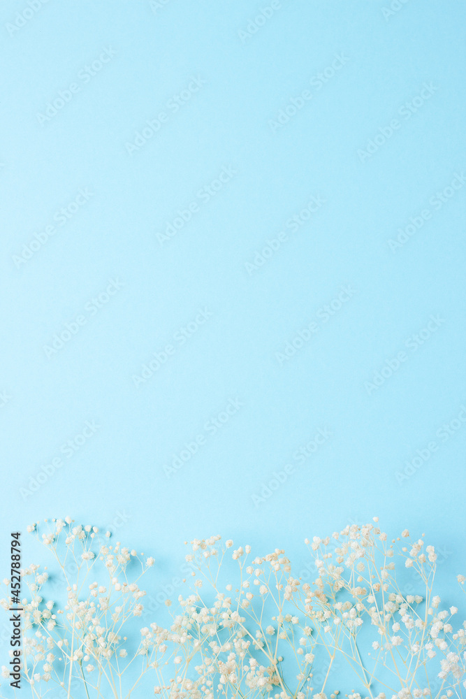 Cosmetic background with flowers on blue. Flat lay, copy space