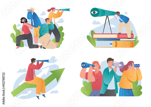Set of male and female characters looking into future through binoculars on white background. Concept of searching for opportunities, decisions, new business ideas. Flat cartoon vector illustration