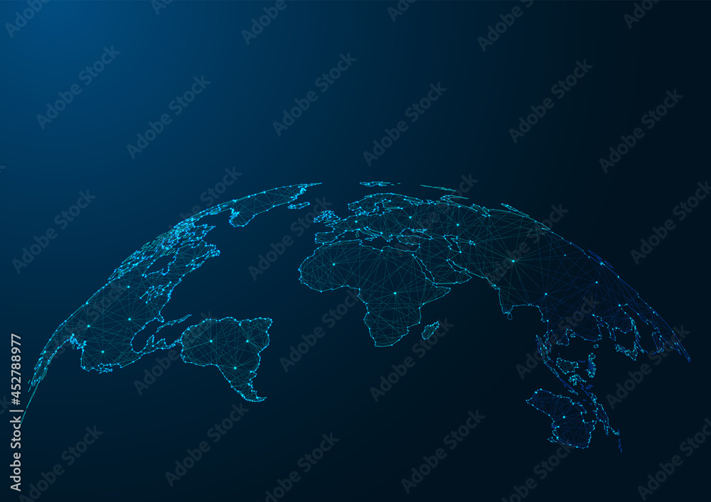 Modern world map made of lines and dots on dark blue background.