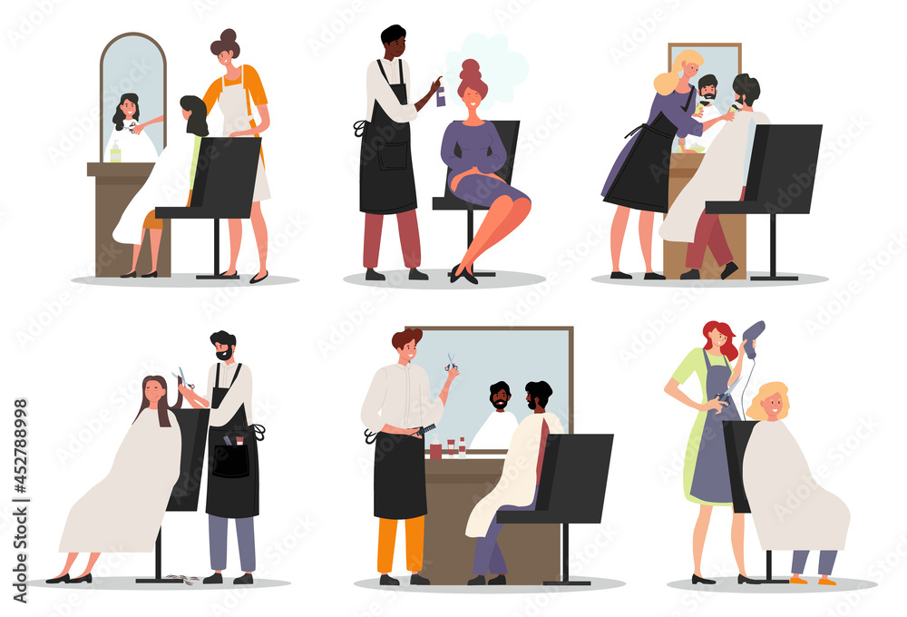 Set of male and female hairdressers working with clients in salon on white background. Happy customers having their hair cut and styled by professional barbers. Flat cartoon vector illustration