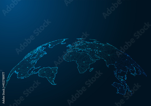 Modern world map made of lines and dots on dark blue background.