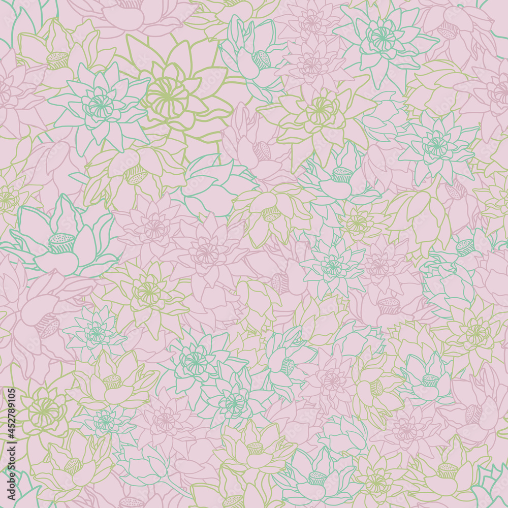 Vector pink lotus flower seamless pattern background. Perfect for fabric, scrapbooking, sewing, crafting and wallpaper projects.