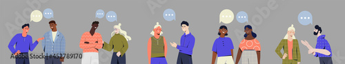 Set of diverse multiethnic people talking to each other on grey background. Collection of chatting couples with speech bubbles. Dialogues between characters. Flat cartoon vector illustration