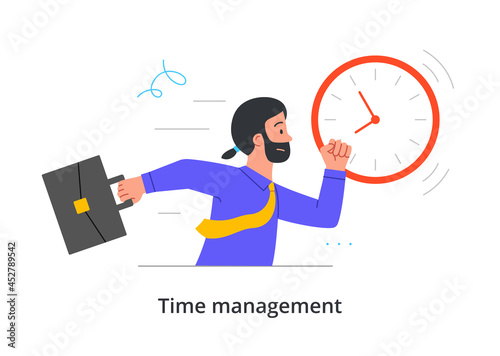 Male character is running with briefcase to be on time on white background. Concept of time management, work efficiency, not runing late. Flat cartoon vector illustration