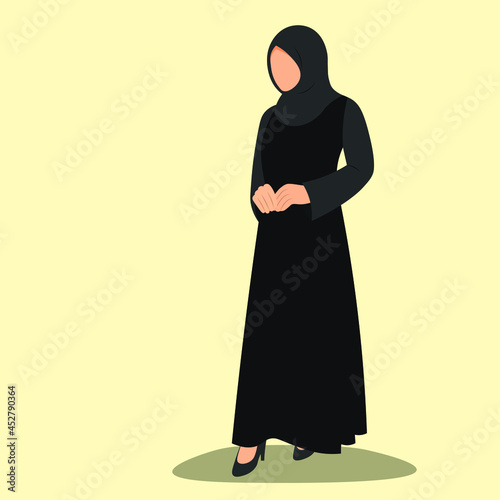 Arabic young woman in hijab, Muslim girl in fashion traditional black dress abaya from UAE or Saudi Arabia posing, islamic model vector illustration