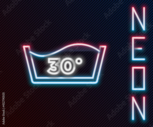 Glowing neon line Washing under 30 degrees celsius icon isolated on black background. Temperature wash. Colorful outline concept. Vector