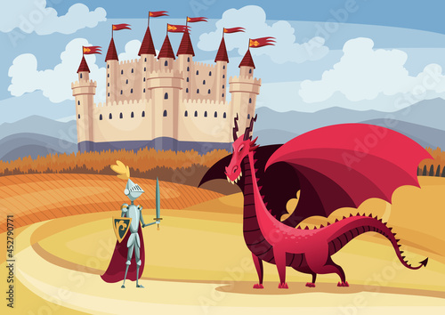 Medieval king and queen on fairytale medieval castle background. Cartoon middle ages historic period. Medieval kingdom characters standing in costumes
