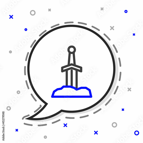 Line Sword in the stone icon isolated on white background. Excalibur the sword in the stone from the Arthurian legends. Colorful outline concept. Vector