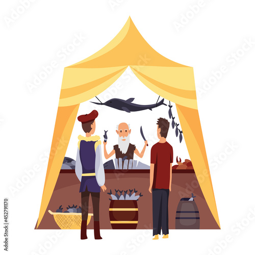 Cartoon medieval fair. Middle ages or fairy tale fair market with characters standing in costumes. Sell various fish products