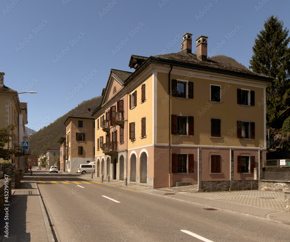 Street scene in the Italian section of Grisons, Swiss Canton
