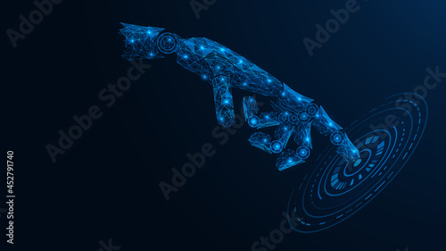 Robot arm interacts with the touch interface. Polygonal construction of lines and points. Blue background.