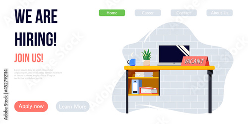 We are hiring banner design. Job vacancy vector poster. Empty office workplace with desk and vacant sign on it. Business recruiting creative concept.