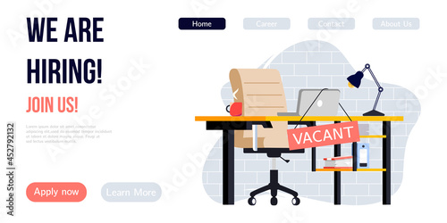 We are hiring banner design. Job vacancy vector poster. Empty office workplace with desk, chair and vacant sign on it. Business recruiting creative concept.