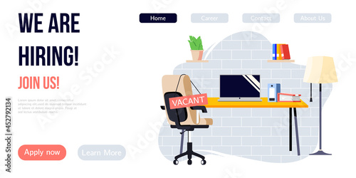 We are hiring banner design. Job vacancy vector poster. Empty office workplace with desk, chair and vacant sign on it. Business recruiting creative concept.