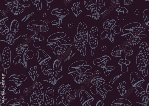 Hand-drawn vector lineart seamless doodle-style pattern with mushrooms on a dark background. Illustration in retro and cottage-core style with plants of the autumn forest.