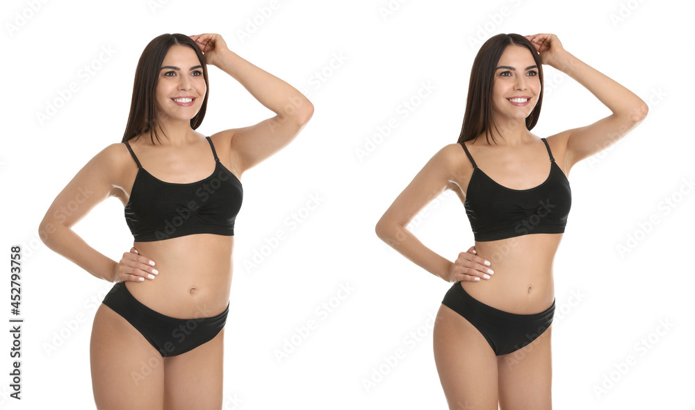 Collage with photos of woman before and after weight loss diet on white background Collage with photos of woman before and after weight loss diet on white background