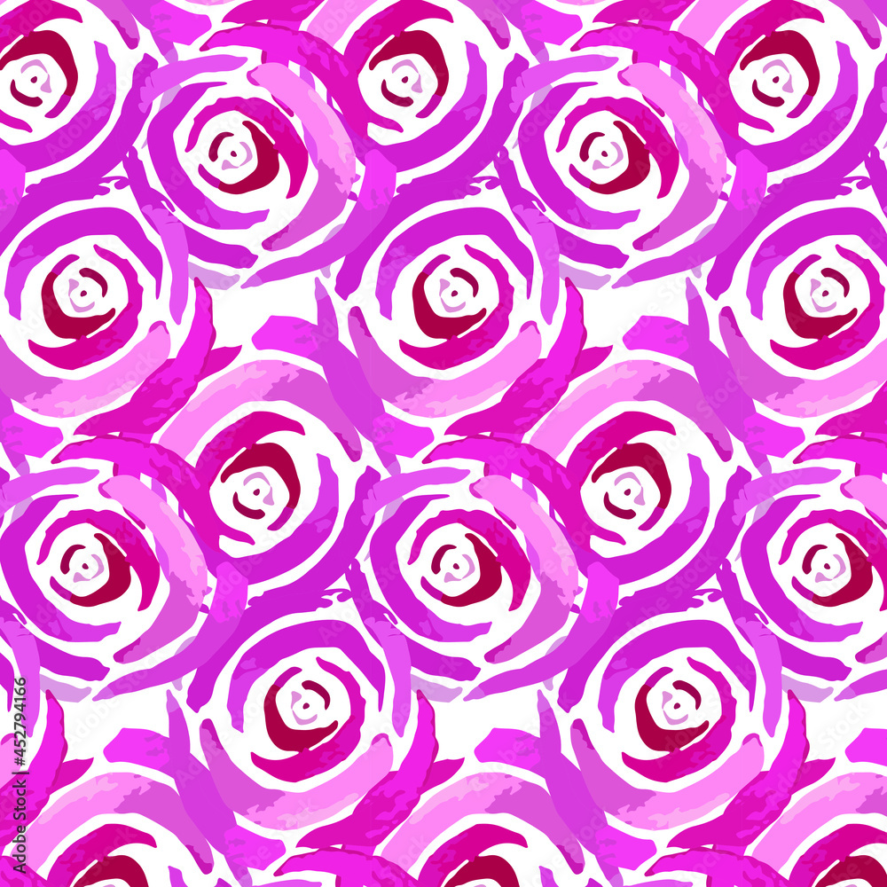 Pretty seamless pattern with watercolor roses isolated on white background. Pink circles floral design  backdrop. Vector illustration