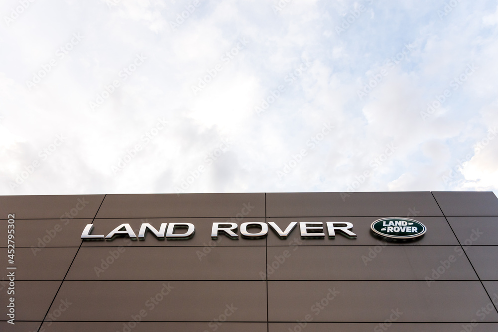 Toledo, Spain, August 2021 Land Rover automobile dealership sign. Land