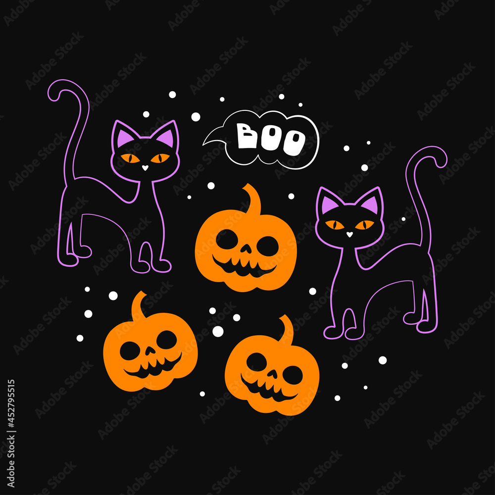 halloween card with black cat and pumpkin