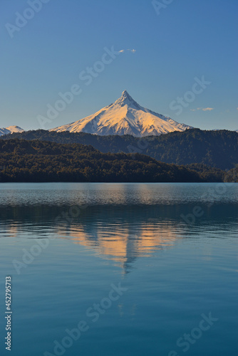 Reflection of the Puntiagudo volcano at sunset  Chile. 