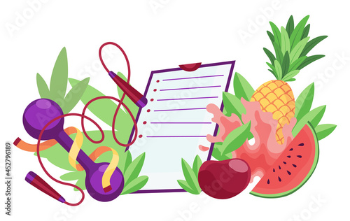 Diet healthy lifestyle banner template. Sports equipment and healthy food with checklist. Concept of proper nutrition and weight management. Diet plan on a notebook