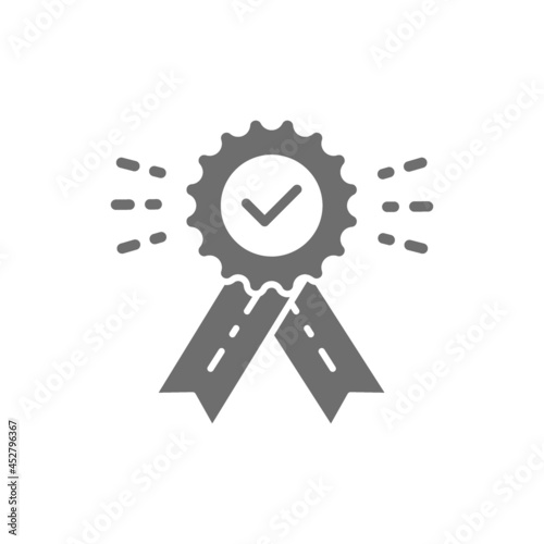 Award with check mark, best choice, quality control, winner, victory grey icon.