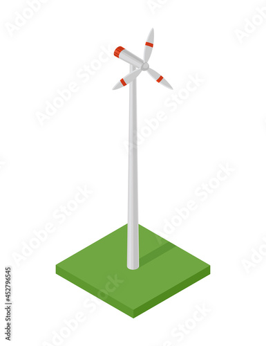 Isometric wind turbine. Concept of clean energy. Clean ecological power. Eco renewable electric energy from windmill. Icon for web