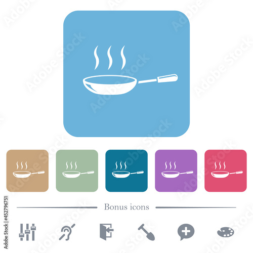 Glossy steaming frying pan flat icons on color rounded square backgrounds
