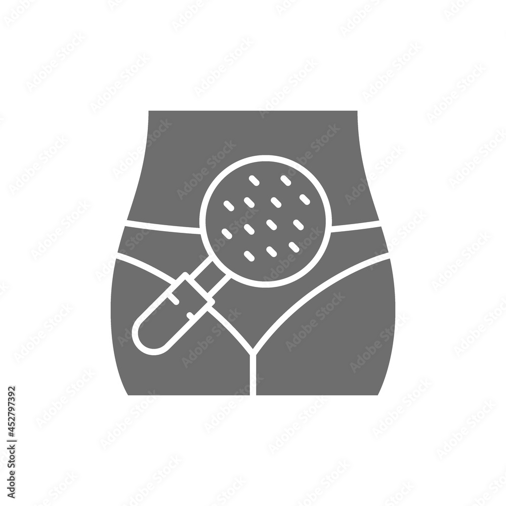 Woman body under magnifier loupe, probiotics, good bacteria grey icon.