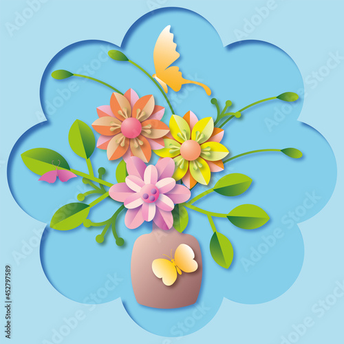 Bouquet of flowers in a vase  cut paper style  illustration in vector.