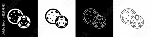 Set GMO icon isolated on black and white background. Genetically modified organism acronym. Dna food modification. Vector