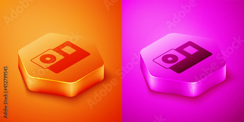 Isometric Action extreme camera icon isolated on orange and pink background. Video camera equipment for filming extreme sports. Hexagon button. Vector