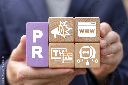 Concept of PR Public Relations. Marketing campaign. Announcements through mass media to advertise your business. Management and marketing strategy. photo