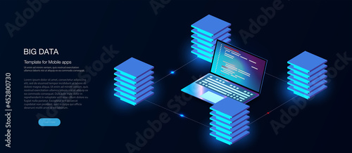 Program development and programming isometric icon, database, cloud computing,laptop Connection concept. Big data digital background.Network digital technology concept.Big data flow processing concept