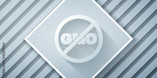 Paper cut No GMO icon isolated Paper cut background. Genetically modified organism acronym. Dna food modification. Paper art style. Vector