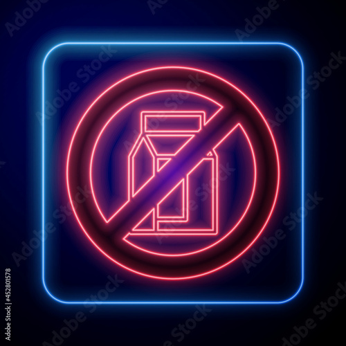 Glowing neon No pack of milk icon isolated Glowing neon background. Not allow milk. Allergy concept, lactose intolerance allergy warning sign. Vector