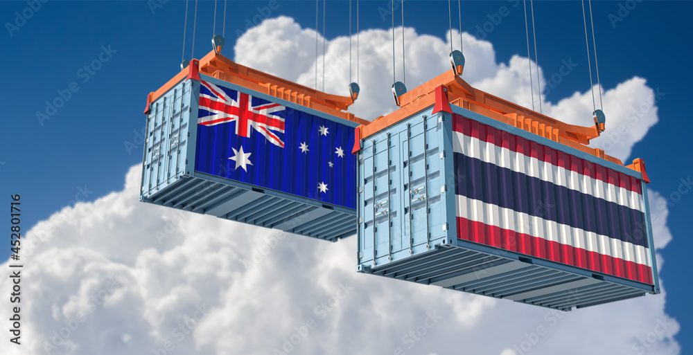 Freight containers with Australia and Thailand national flags. 3D Rendering 