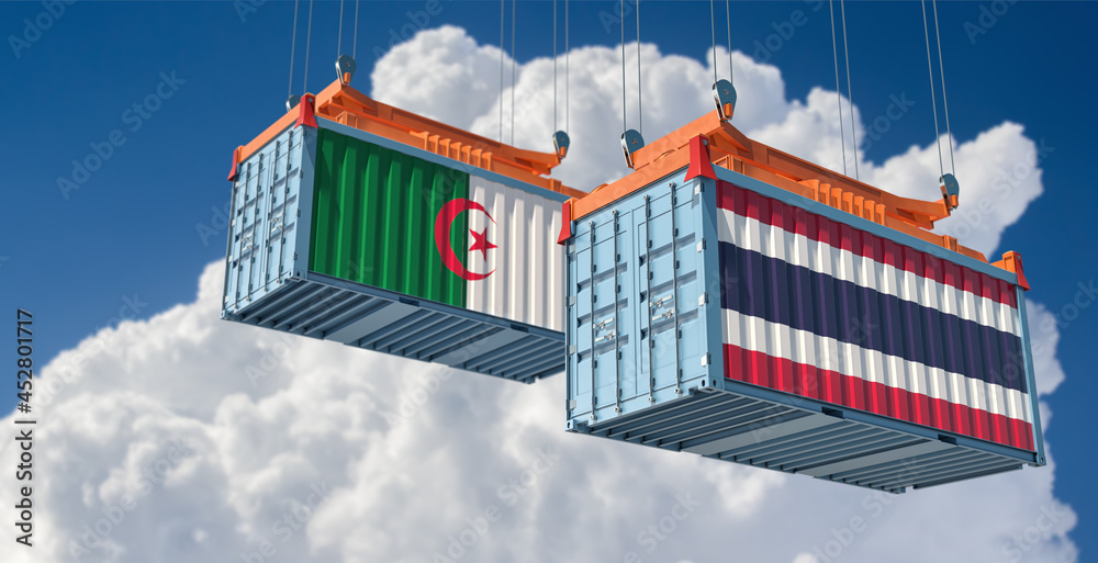 Freight containers with Algeria and Thailand national flags. 3D Rendering 