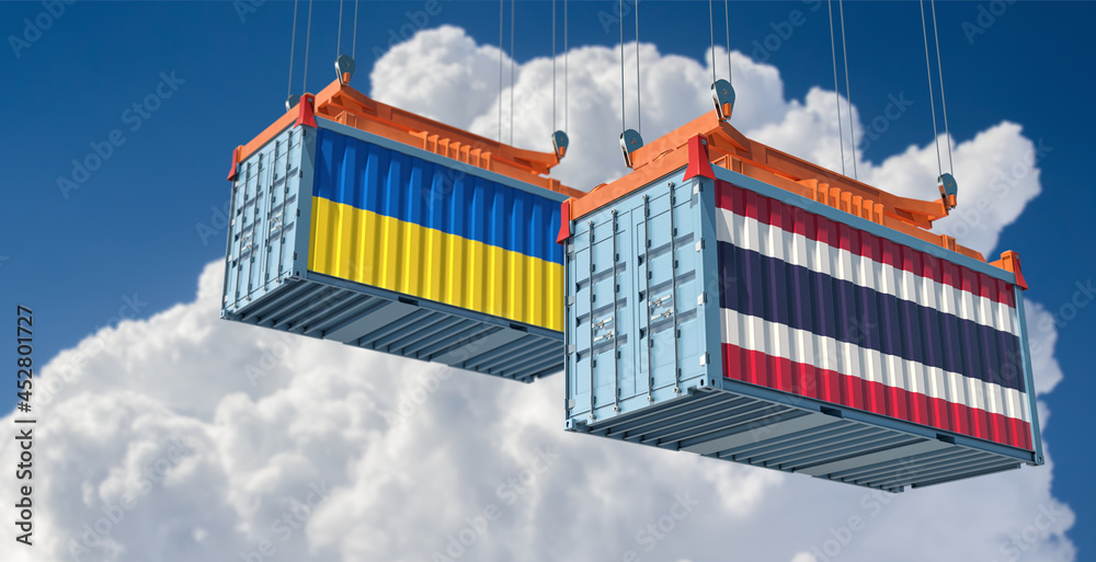 Freight containers with Ukraine and Thailand national flags. 3D Rendering 