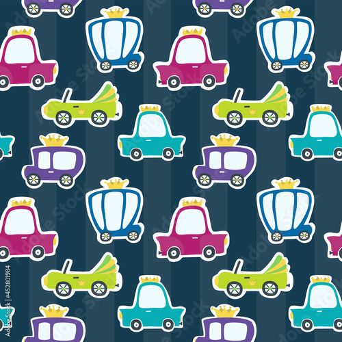 Fototapeta Naklejka Na Ścianę i Meble -  Vector creative seamless pattern with cartoon cars in crowns. Print for printing with bed linen and wrapping paper machines. Hand drawn cartoon car stickers