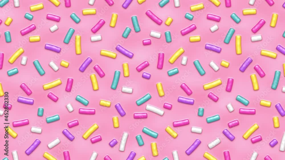 Pink donut glaze with many decorative colorful sprinkles endless background. Seamless loop