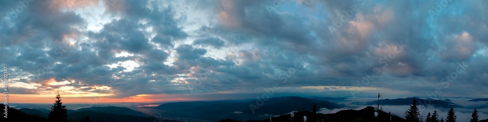 Obraz premium Panorama of internet station on the background of evening sky and forest