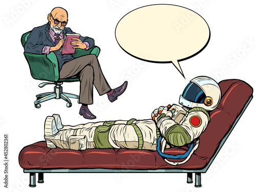 A psychotherapy session. The psychotherapist sees a astronaut, the patient is lying on the couch