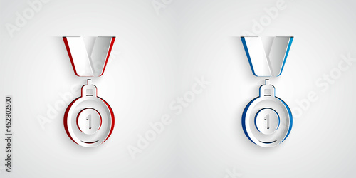 Paper cut Medal icon isolated on grey background. Winner symbol. Paper art style. Vector