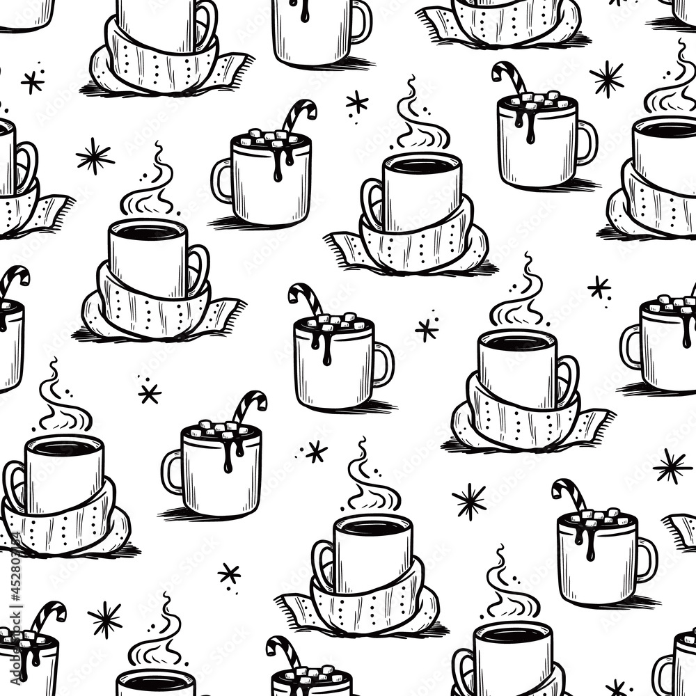 Christmas pattern with hot drink of winter coffee, tea, chocolate. Hand drawn doodle sketch style. Drink cup, mug with winter scarf. Vector illustration.