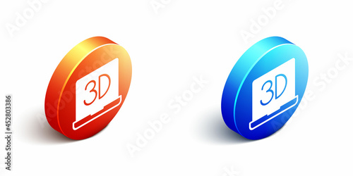 Isometric 3D printer icon isolated on white background. 3d printing. Orange and blue circle button. Vector