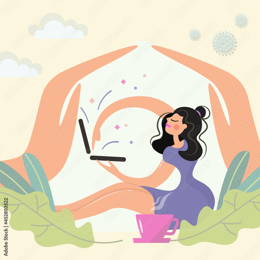 The girl is actively working on the computer. She pushes the buttons with an important look. A woman is protected in her home from the coronavirus epidemic.Vector illustration with autumn leaves.